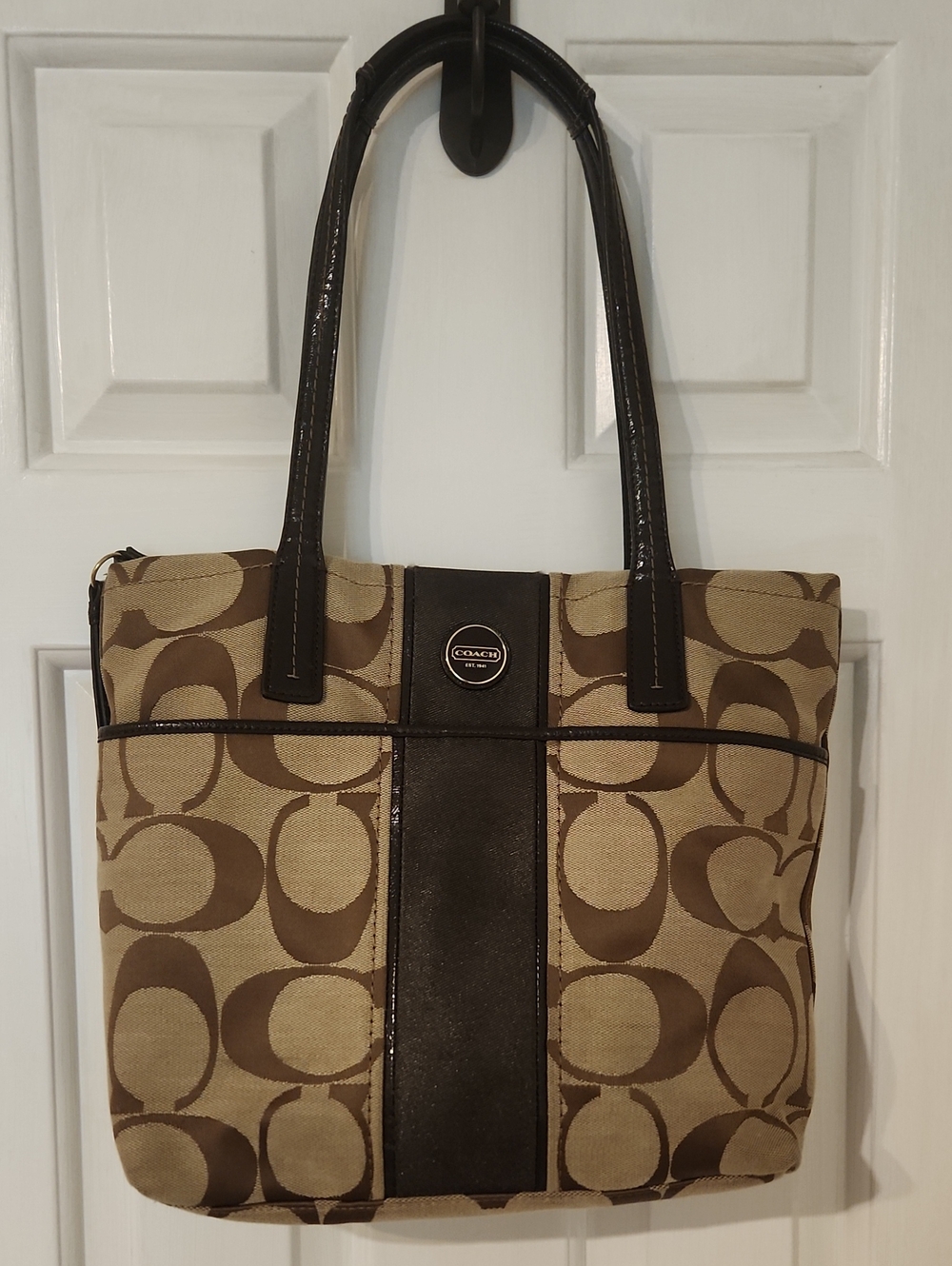 Coach Brown Signature Shoulder Tote with Dark Brown Trim